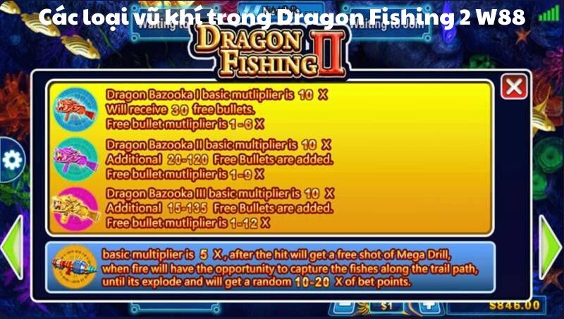 Các loại vũ khí trong Dragon Fishing 2 W88